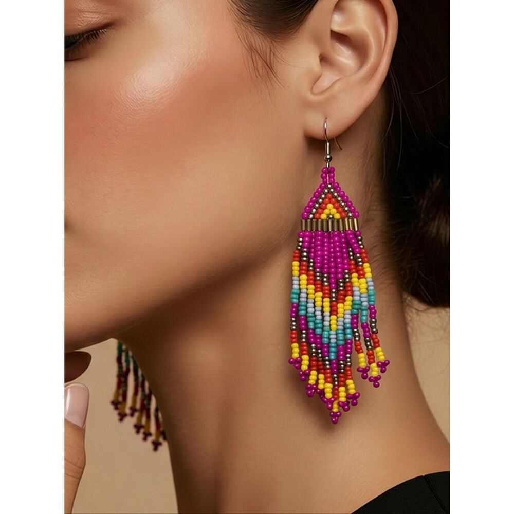 Pink Tribal Glass Bead Boho Fringe Earrings Tribal Beaded Jewelry Western Dangle